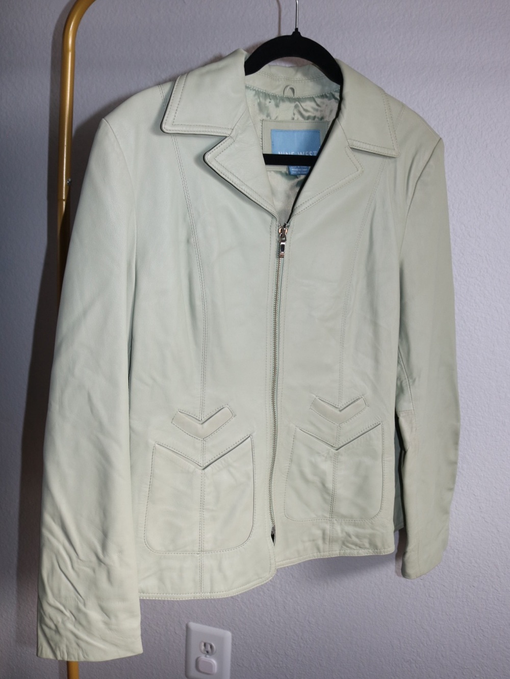 Nine West 100% Leather Mint Green Moto Jacket Size Large Y2K Fall